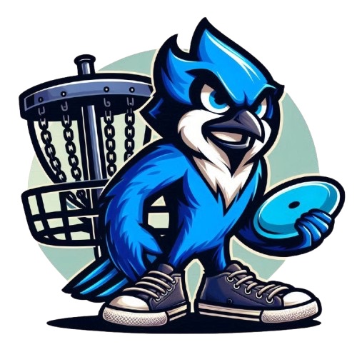 BlueJayDG player mascot holding a disc beside a basket